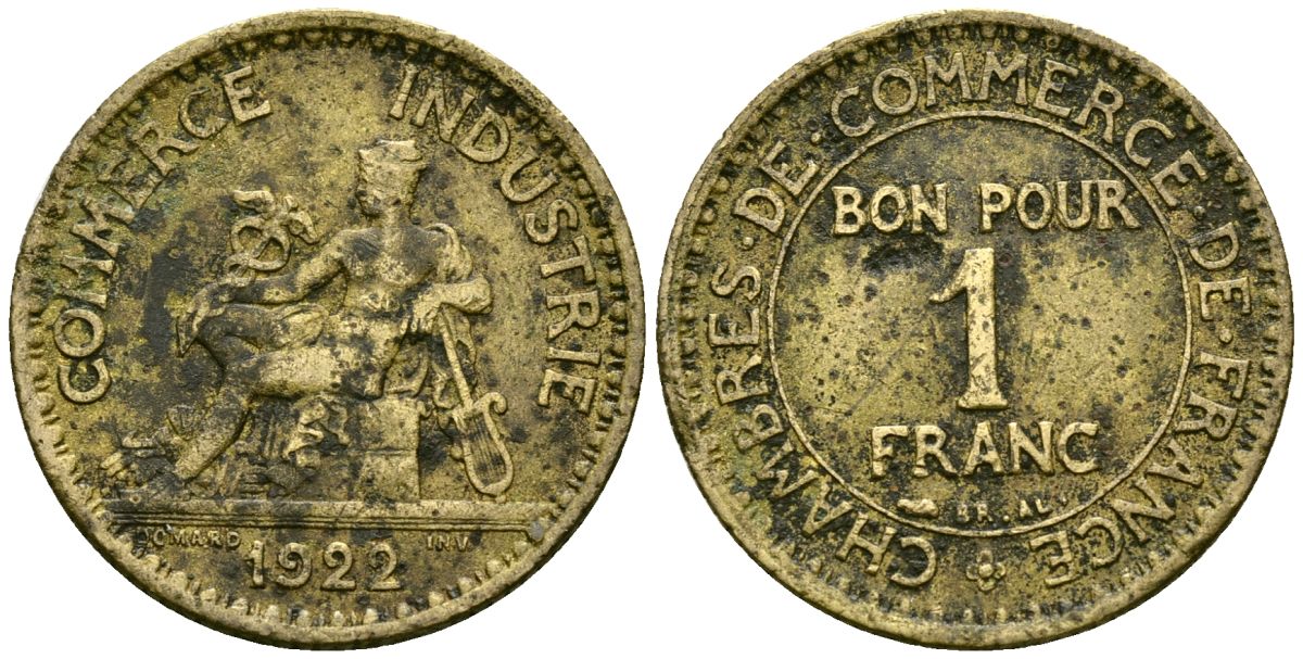 Франция 1 франк 1922 Chambre de Commerce KM 876 алюминиевая бронза 4577-713