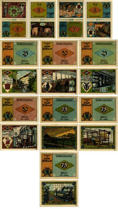 ПЁСНЕК, ГЕРМАНИЯ НАБОР ИЗ 9 БАНКНОТ 1921 НОТГЕЛЬД, ЗЕМЛЯ ТЮРИНГИЯ, СЕРИЯ ИНДУСТРИЯ ARNOLD KELLER 1066.6 бумага 7487-55-2