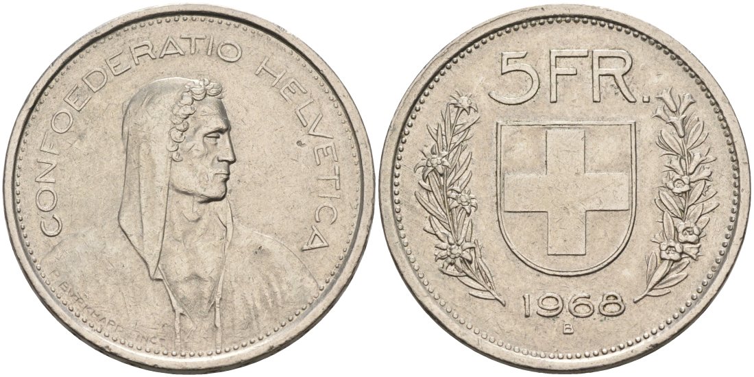 Швейцария 5 франков 1968 В, первый год KM 40а.1 медно-никель 88-1042
