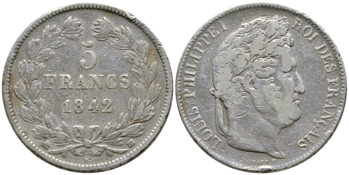 Франция 5 франков 1842 BB, Луи Филипп I (1830-1848) KM 749.3 серебро 1066-7-65