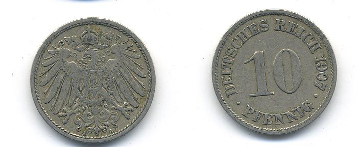 Германия 10 пфеннигов 1907 A KM 12, J. 13 медно-никель 58-252