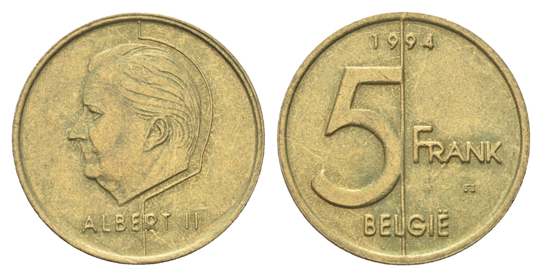 Бельгия 5 франков 1994 Belgie, Альберт II KM 190 алюминиевая бронза UNC 4706-411