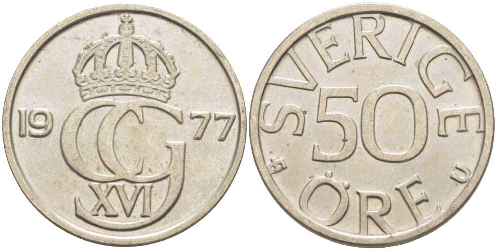 Швеция 50 эре 1977 Карл XVI Густав (1973- ) KM 855 медно-никель 176-1043