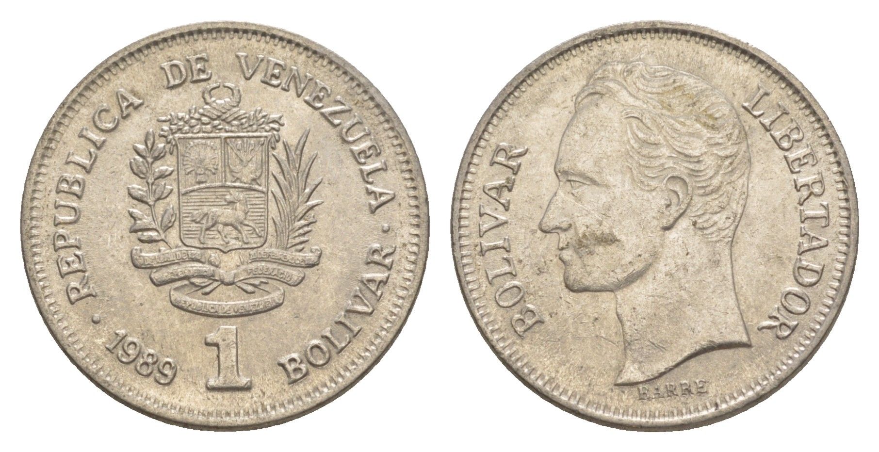 Венесуэла 1 боливар 1989 Симон Боливар, тонкий шрифт Y 52a.1 сталь плакированная никелем 4589-1154