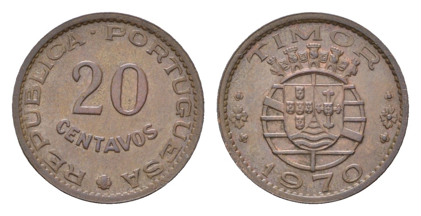 Португальский Тимор 20 сентаво 1970 год-тип KM 17 бронза aUNC 4669-732
