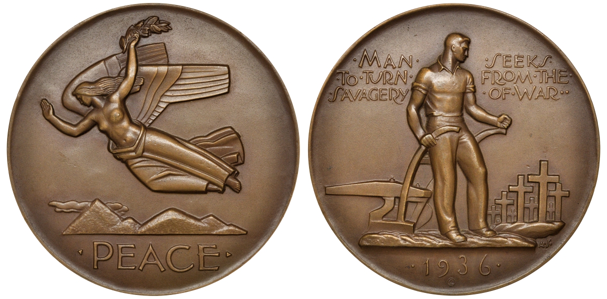 США медаль 1936 мир, крестьянин, эротика, 68,1 мм, 160,4 гр  бронза    8-1-07-07