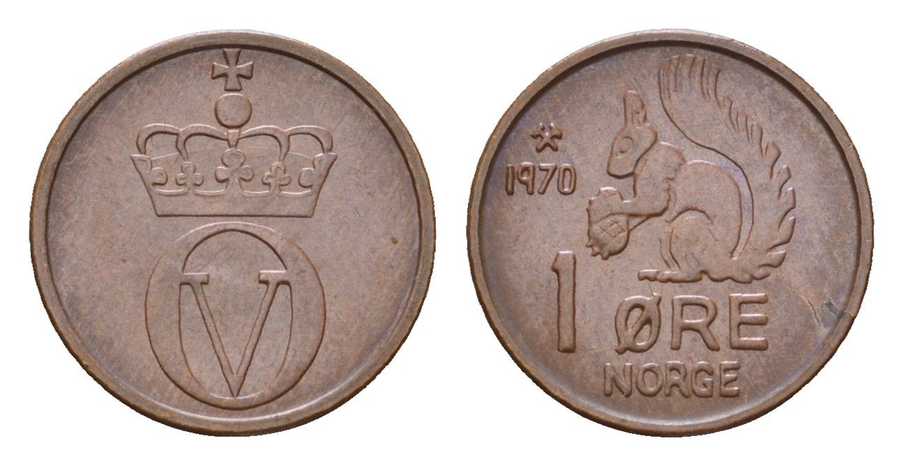Норвегия 1 эре 1970 Улаф V (1957-1991) KM 403 бронза 4588-449