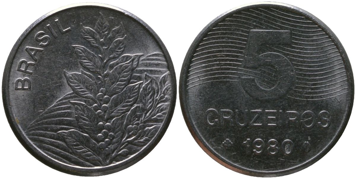 Бразилия 5 крузейро 1980 KM 591, Schon 100 нержавеющая сталь 4514-216