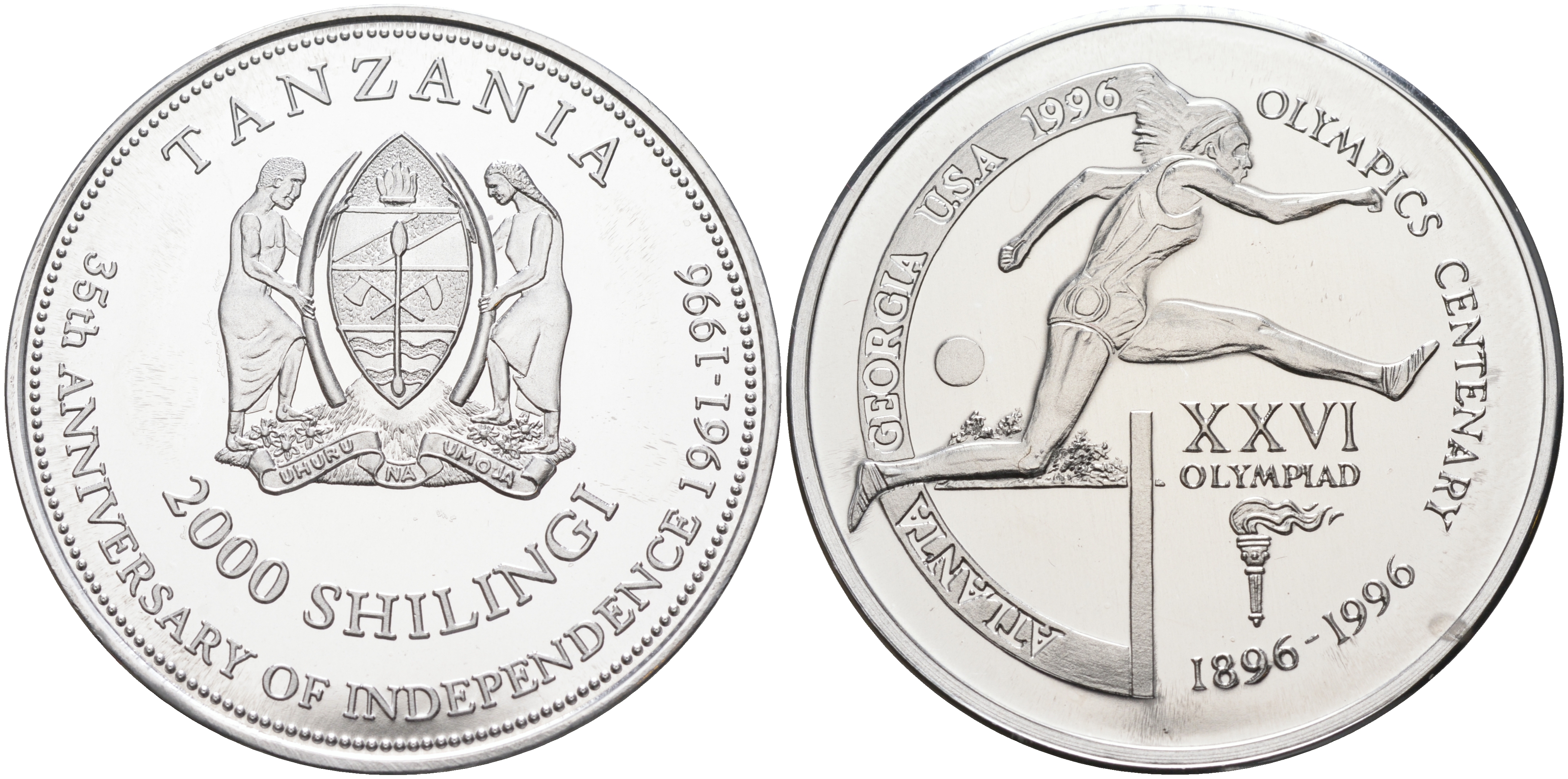 Танзания 2000 шиллингов 1996 XXVI Олимпийские игры 1996 года в Атланте, 100 лет Олимпийскому движению, бег с барьерами, пробник, гладкий гурт алюминий PROOF 06-159-12