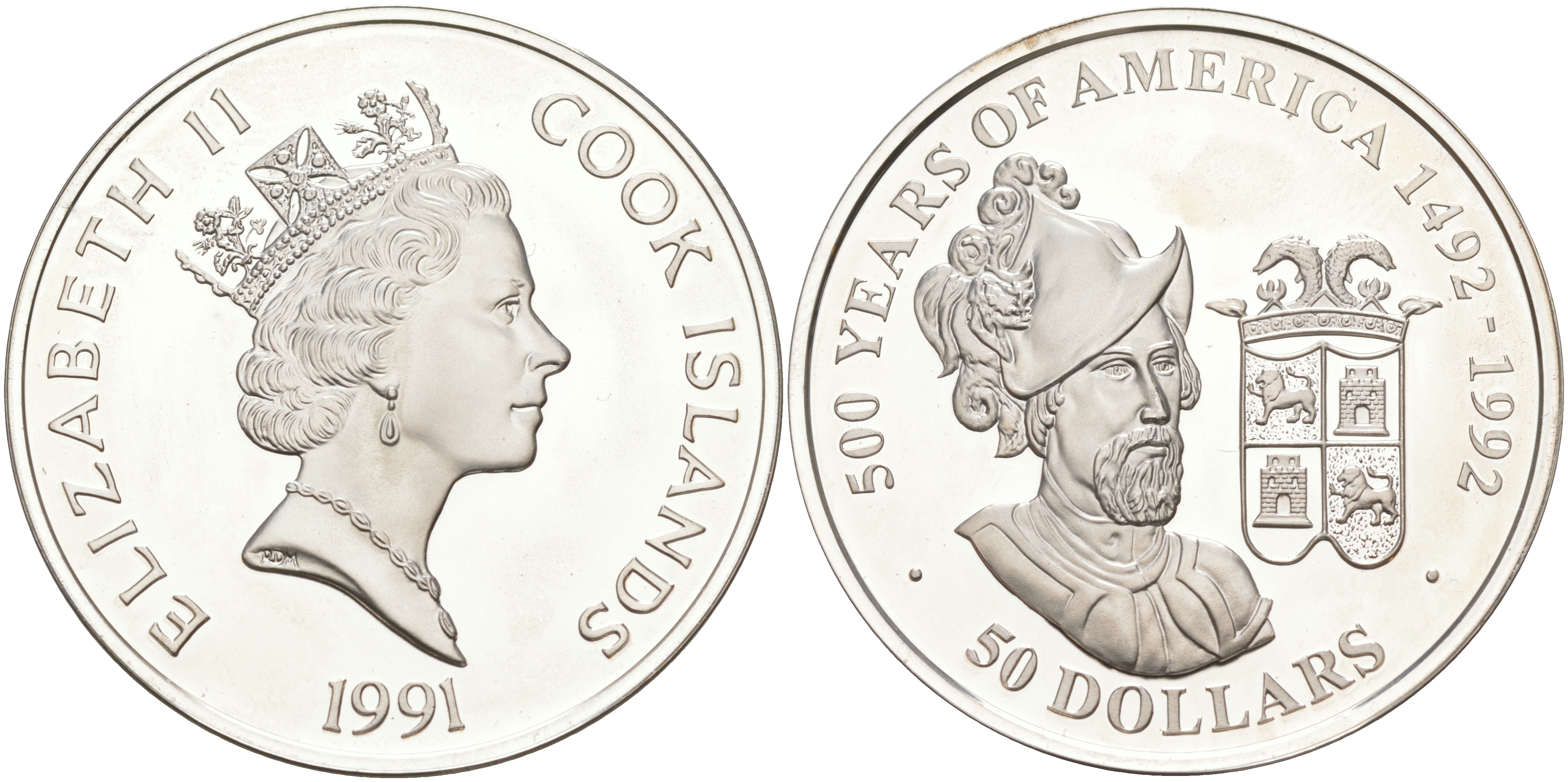ОСТРОВА КУКА 50 ДОЛЛАРОВ 1991 500 ЛЕТ ОТКРЫТИЮ АМЕРИКИ, ФРАНСИСКО ПИСАРРО, ВЕС 31,1035 ГР. KM 189 серебро PROOF 1074-7-31