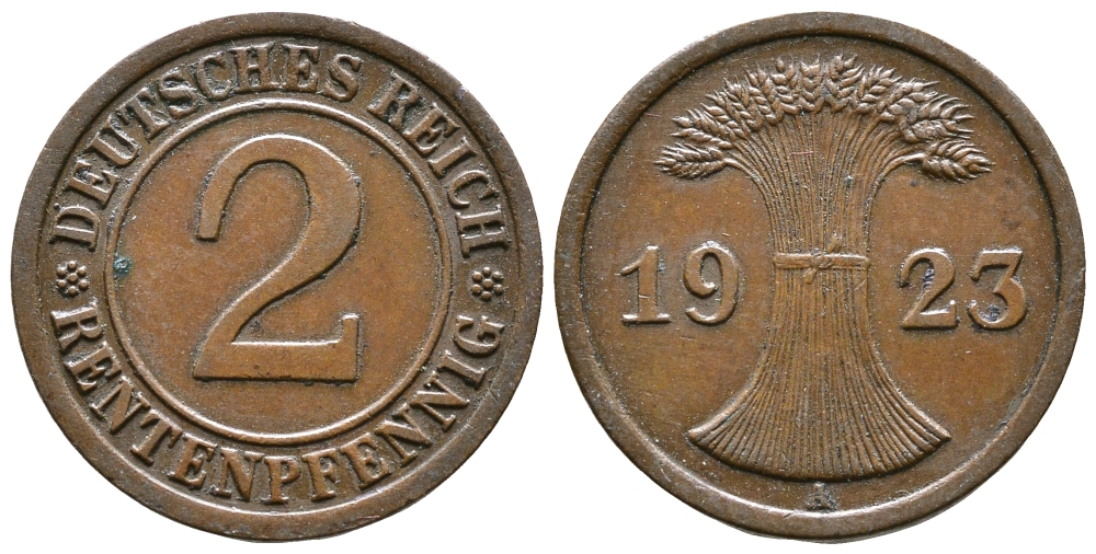 ГЕРМАНИЯ 2 РЕНТЕНПФЕННИГА 1923 A KM 31, J. 307 бронза 71-1562