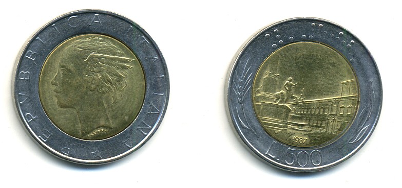 ИТАЛИЯ 500 ЛИР 1987 R KM 111 биметалл 80-1256