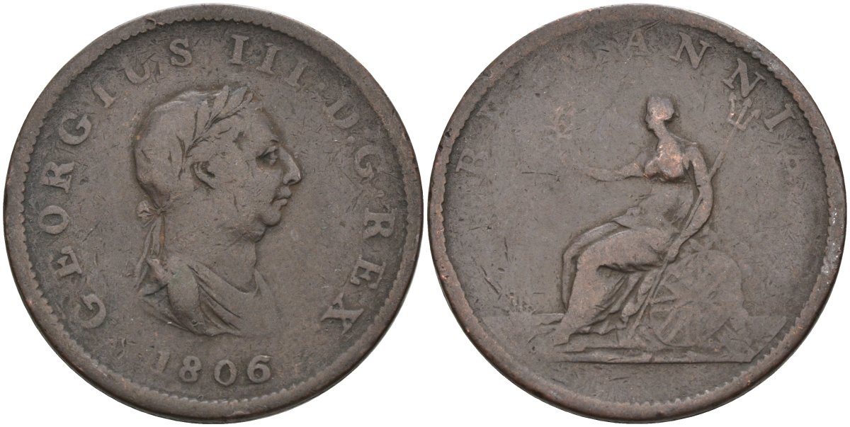 Великобритания 1/2 пенни 1806 Георг III (1760-1820) KM 662, Spink 3781 медь 81-1113