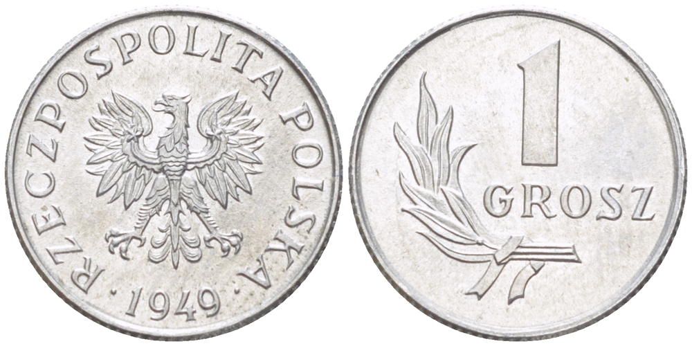 ПОЛЬША 1 ГРОШ 1949 ПЕРВЫЙ ПОСЛЕВОЕННЫЙ ВЫПУСК KM 39, Parchimowicz 201 алюминий UNC 4181-1169