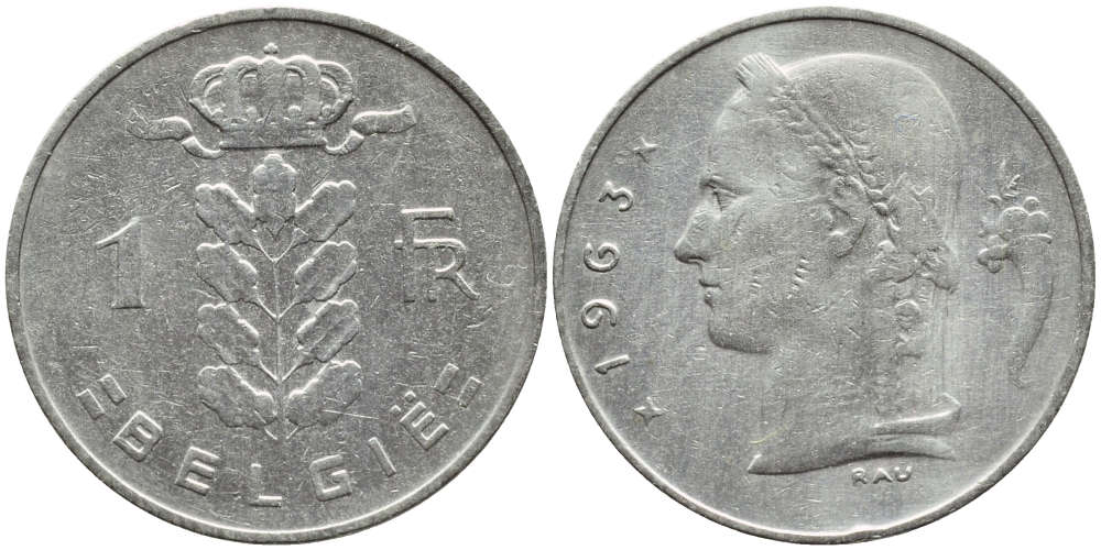 БЕЛЬГИЯ 1 ФРАНК 1963 BELGIE KM 143.1 медно-никель 4388-631