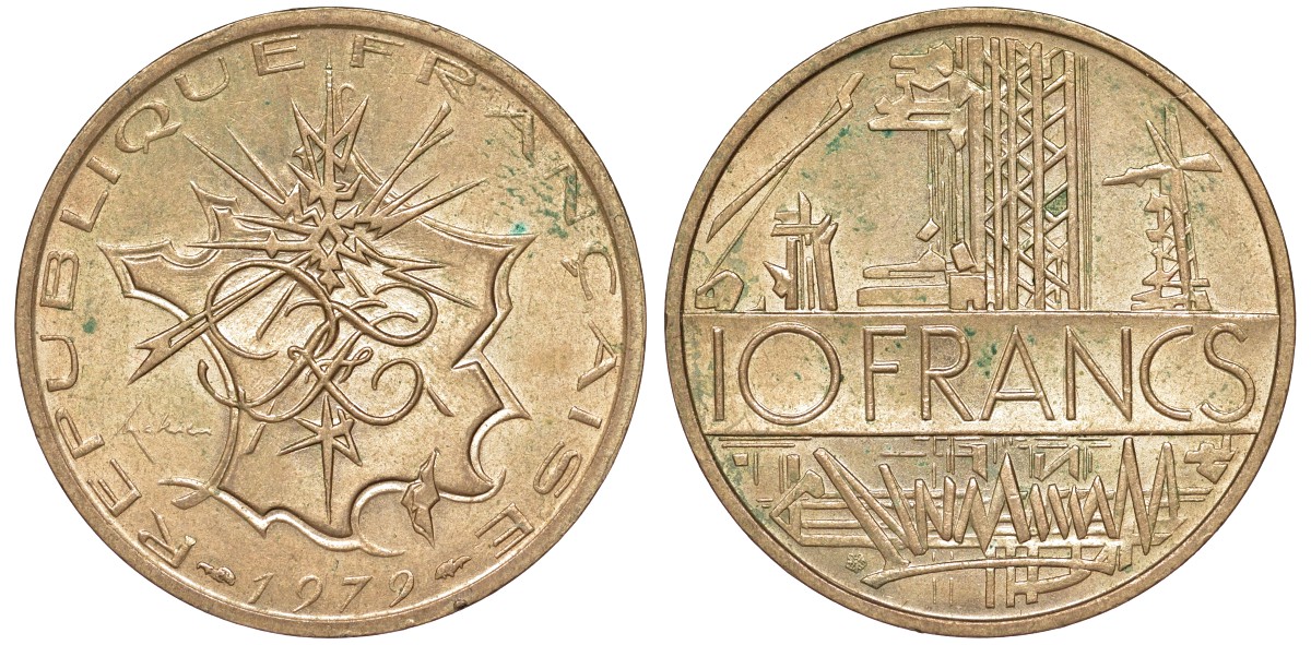 Франция 10 франков 1979 тип Матье KM 940, Le Franc 365.13-14 никель латунь 51-4045