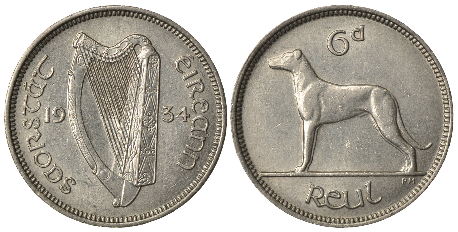 ИРЛАНДИЯ 6 ПЕНСОВ 1934 ИРЛАНДСКИЙ ВОЛКОДАВ, РЕДКОЕ СОСТОЯНИЕ KM 5 медно-никель 4393-111