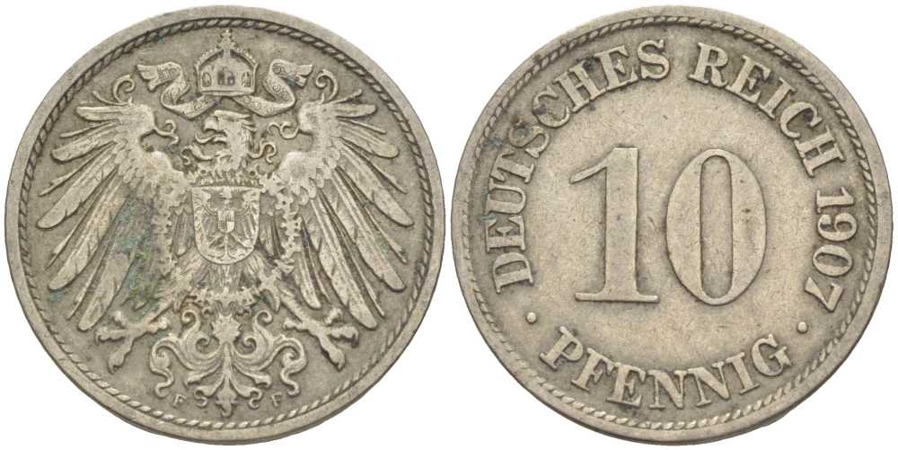 Германия 10 пфеннигов 1907 F KM 12, J. 13, Weege 8 медно-никель 31-112