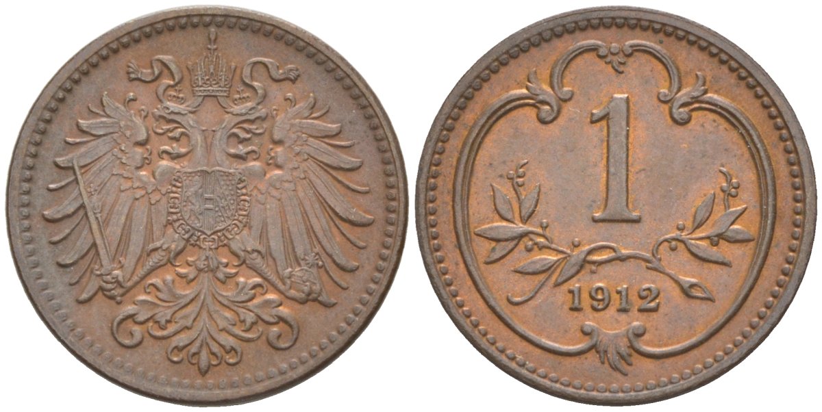 Австрия 1 геллер 1912 Франц Иосиф I (1892-1918) KM 2800 бронза UNC 4390-314