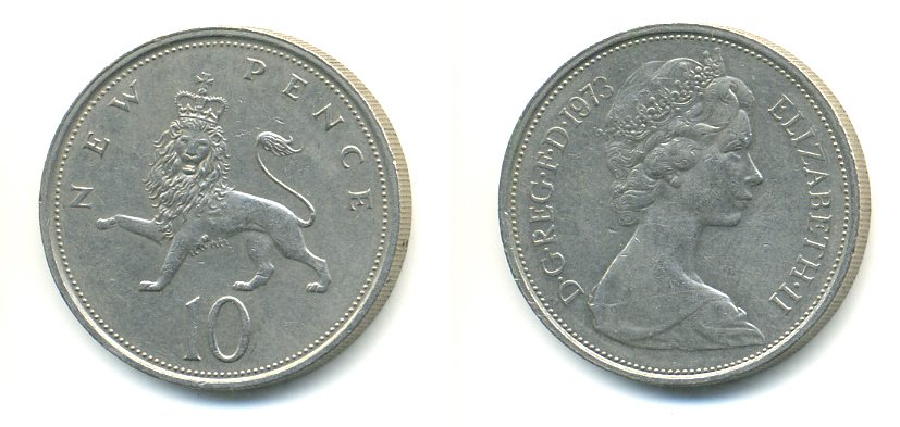 Великобритания 10 пенсов 1973 Елизавета II (1952-2022) KM 912, Spink 4231 (F1) медно-никель  59-443