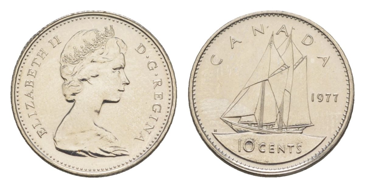 Канада 10 центов 1977 Елизавета II (1952-2022), парусник KM 77 никель PROOF-LIKE (BU) 4630-966