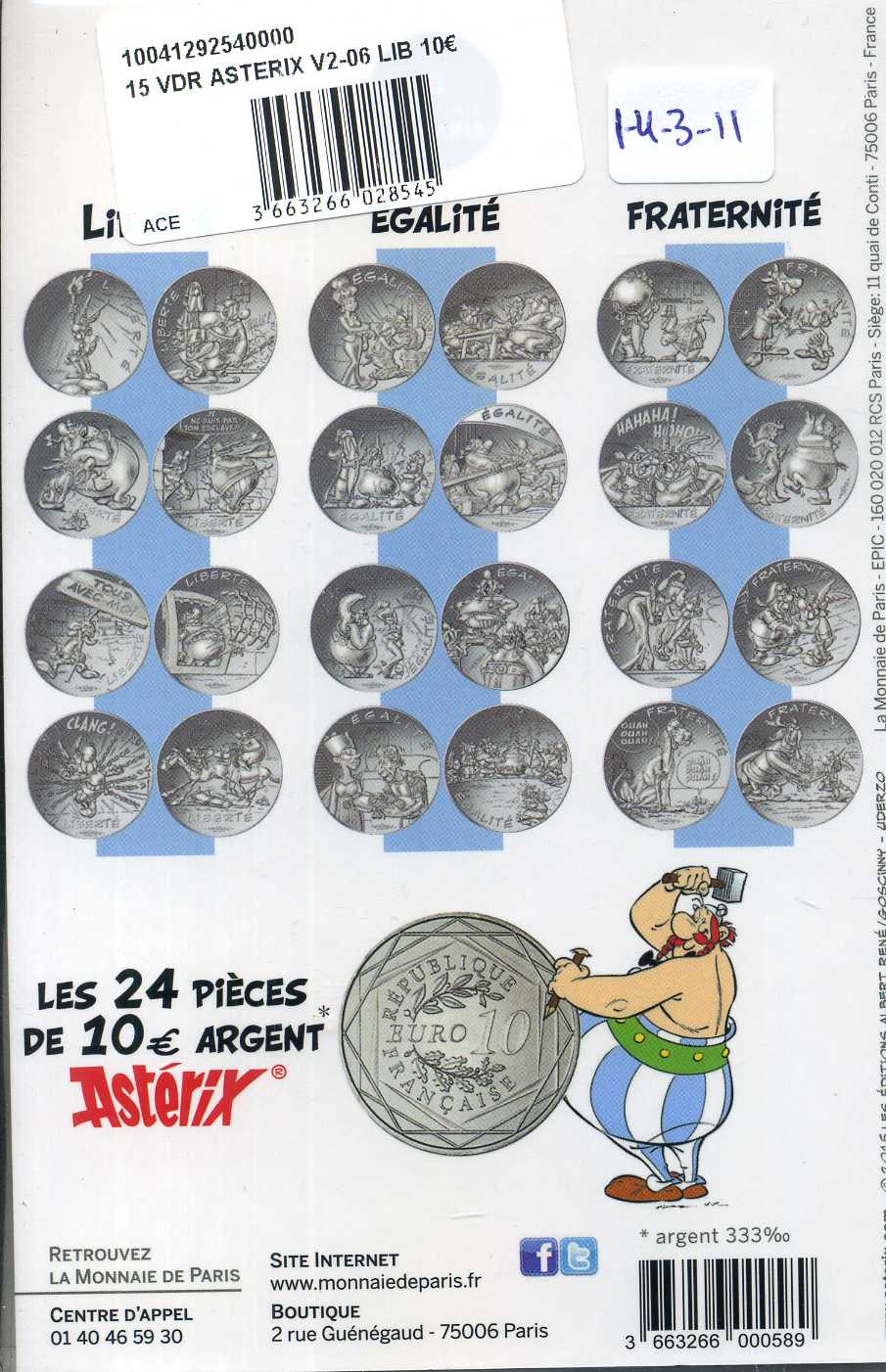 Франция 10 евро 2015 серия Астерикс и свобода, Астерикс и Olaf Grossebaf, в оригинальном буклете KM NEW серебро UNC 1-4-3-22