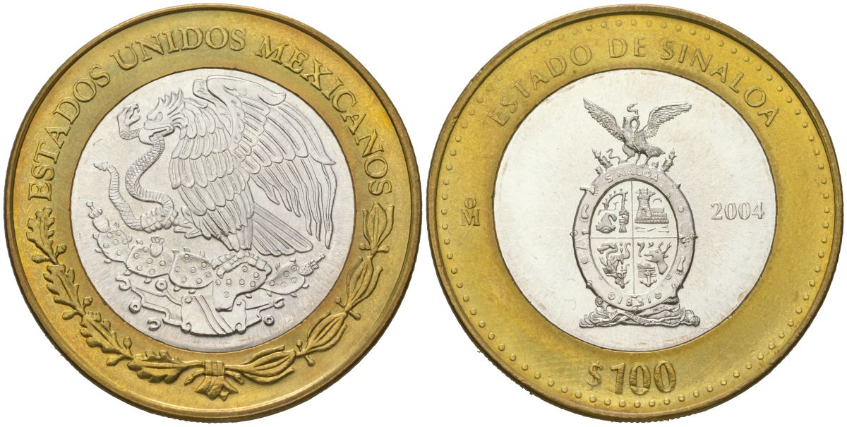 Мексика 100 песо 2004 180 лет Федерации - Синалоа KM 695 биметалл, серебро BU 00-1067-9-12