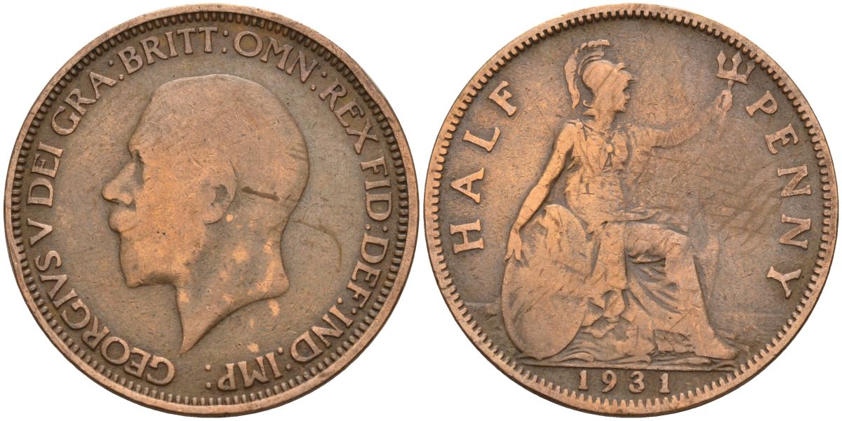 Великобритания 1/2 пенни 1931 Георг V (1910 - 1936) KM 837, Spink 4058 бронза 4153-813