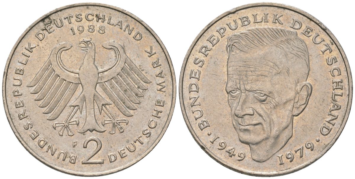 ФРГ 2 марки 1988 F, Курт Шумахер, 30 лет Федеративной Республике KM 149 медно-никель 4572-622