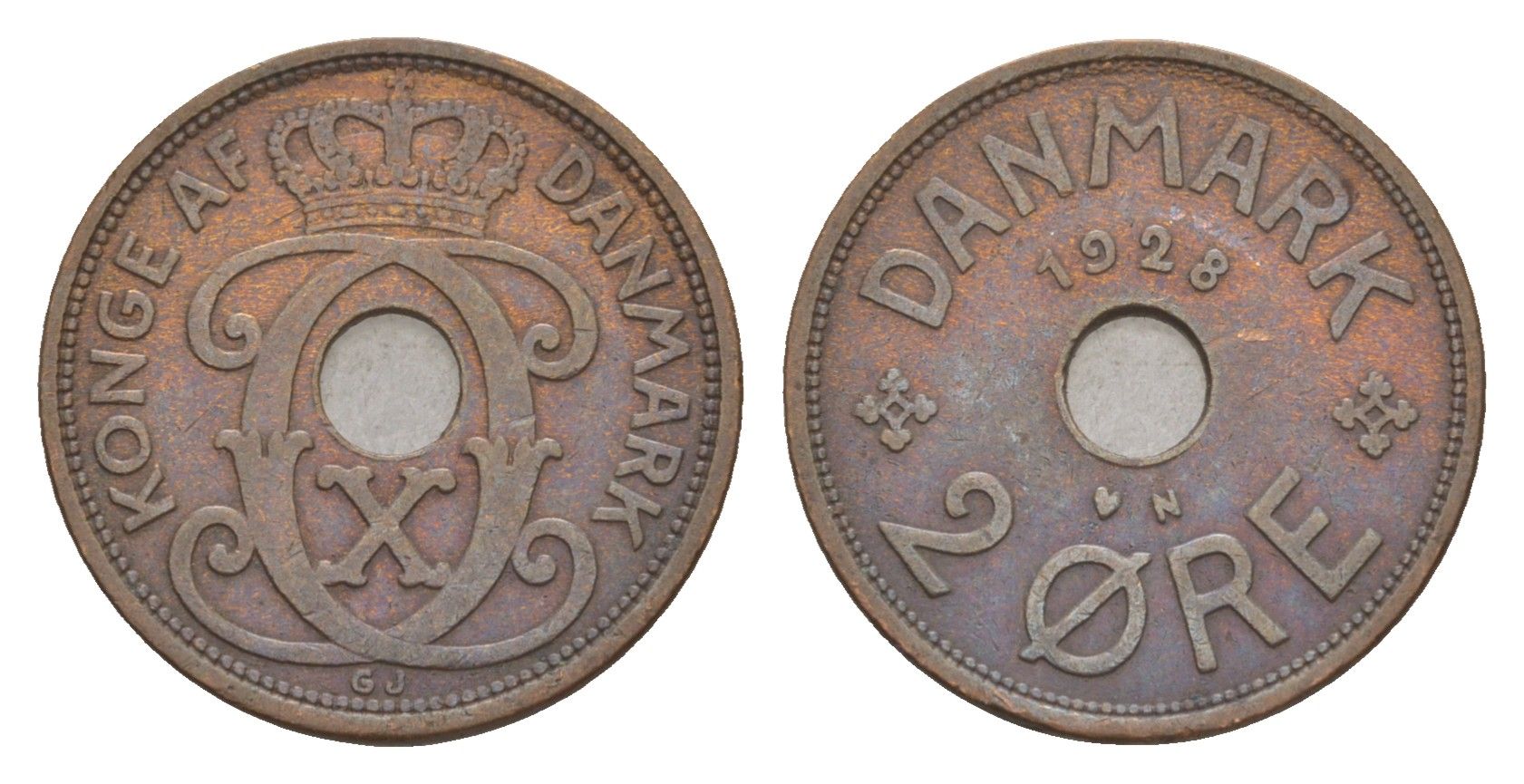 Дания 2 эре 1928 N, Кристиан X (1912-1947) KM 827 бронза 4658-225