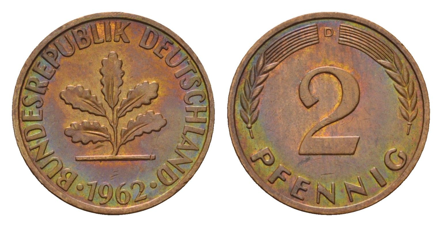 ФРГ 2 пфеннига 1962 D KM 106, J. 381 бронза 4682-1063