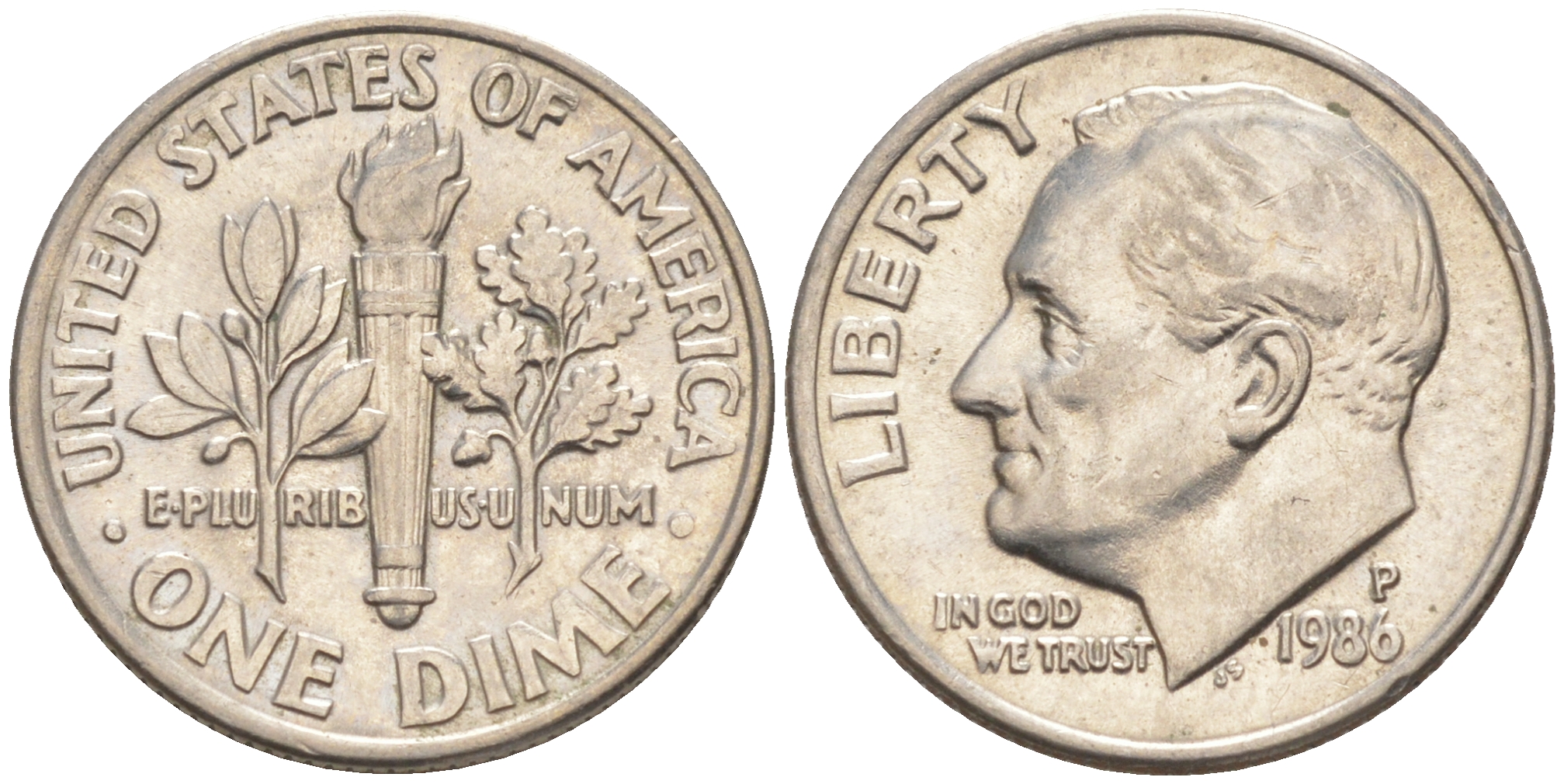 США 10 центов (дайм) 1986 P, Франклин Рузвельт KM 195a медь плакированная медно-никелем 187-1059