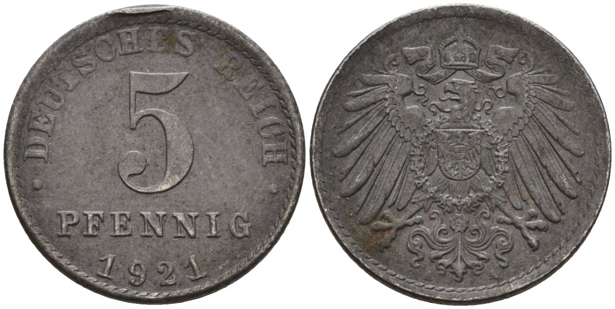 Германия 5 пфеннигов 1921 A KM 19, J. 297 железо 4151-639