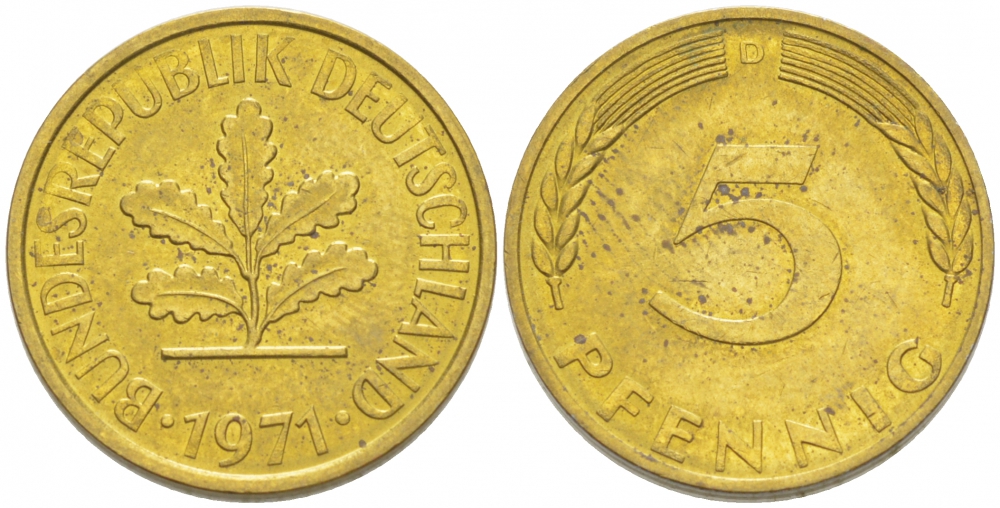 ФРГ 5 ПФЕННИГОВ 1971 J KM 107 J. 382 сталь плакированная латунью 3955-563