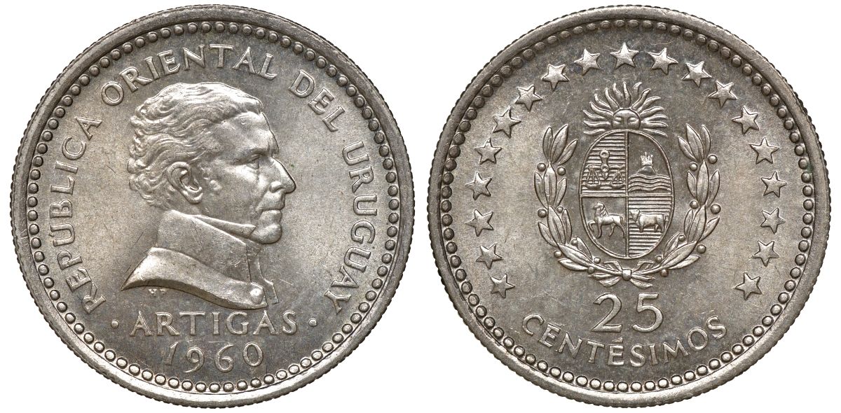 Уругвай 25 сентесимо 1960 KM 40 медно-никель 4169-825