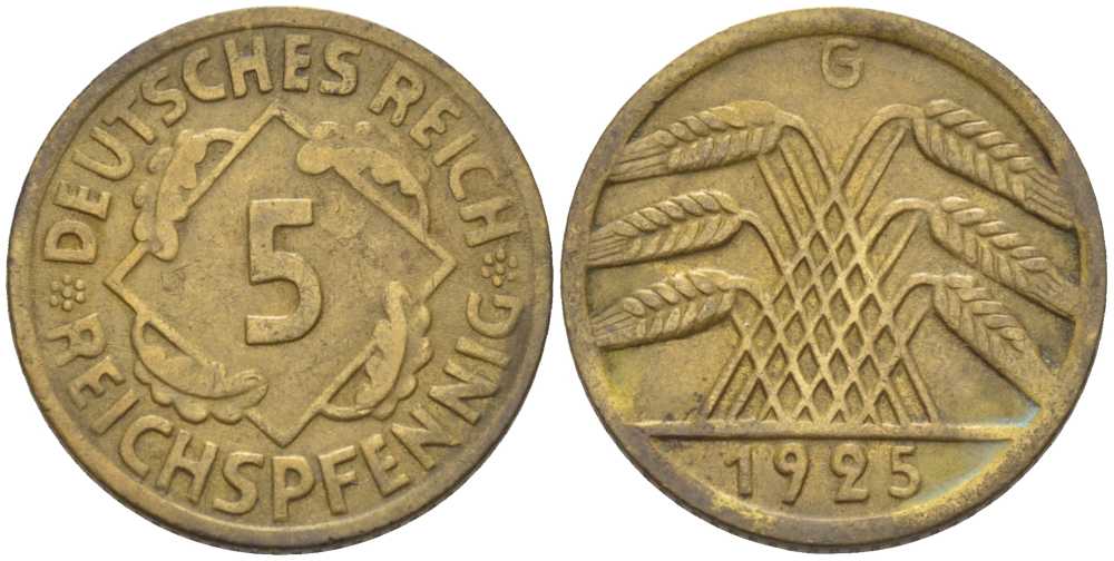 ГЕРМАНИЯ 5 РЕЙХСПФЕННИГОВ 1925 G KM 39, J. 316, Weege 7 алюминиевая бронза 211-547