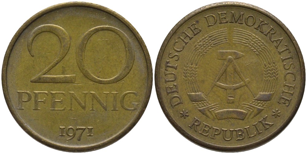 ГДР 20 пфеннигов 1971 А KM 11 латунь 186-1244