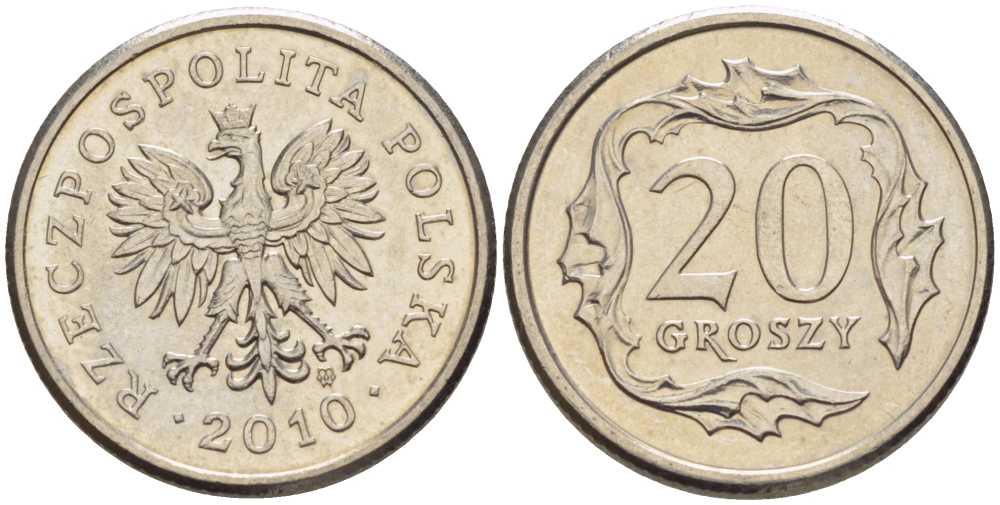 ПОЛЬША 20 ГРОШЕЙ 2010 MW KM 280 медно-никель 201-527