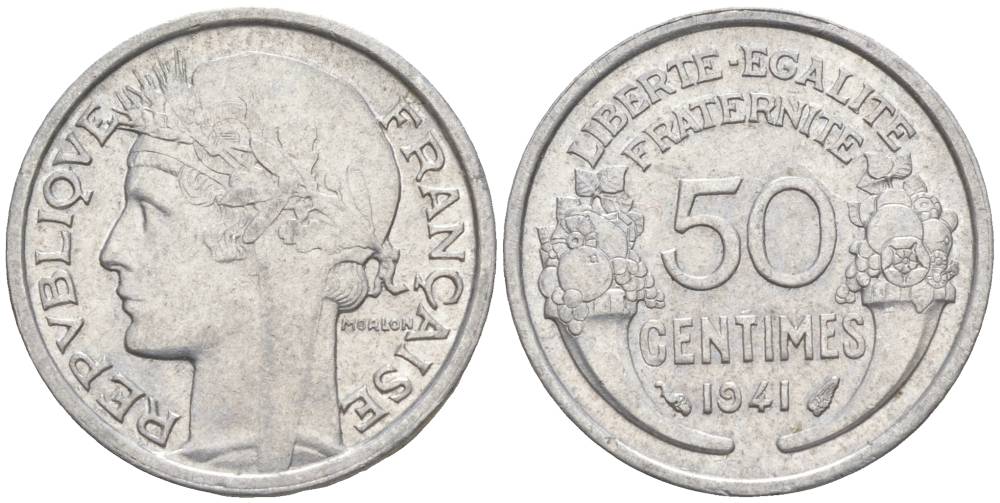 ФРАНЦИЯ 50 САНТИМОВ 1941 ТИП MORLON LOURDE KM 894.1a, LE FRANC 193.2 алюминий 44-231