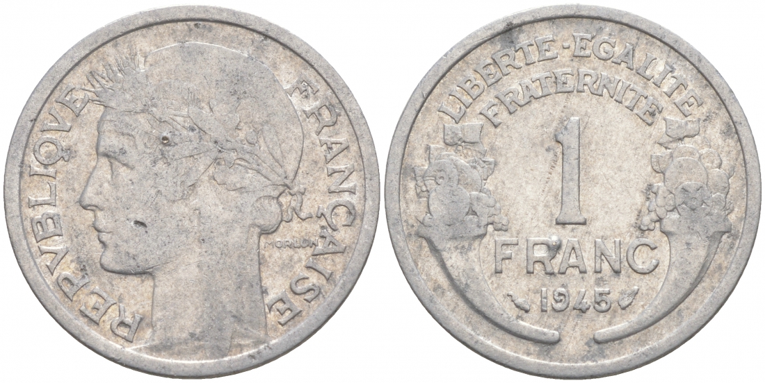 ФРАНЦИЯ 1 ФРАНК 1945 KM 885а.1 алюминий 186-322