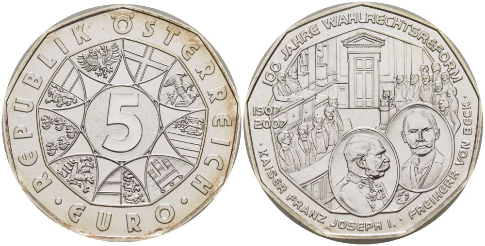 Австрия 5 евро 2007 100 лет Всеобщему избирательному праву, Франц Иосиф KM 3144 серебро UNC 02-087-13