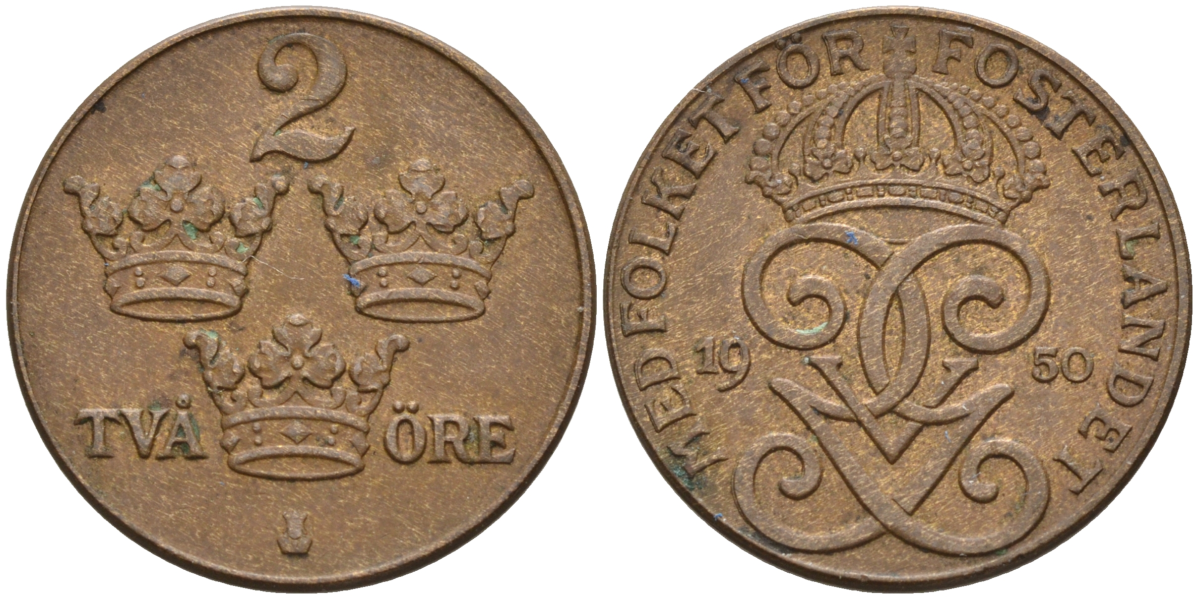 Швеция 2 эре 1950 Густав V (1907-1950) KM 778 бронза 4602-615