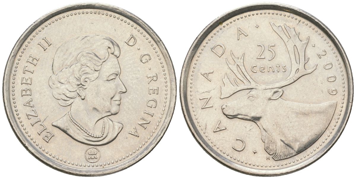 Канада 25 центов 2009 Елизавета II (1952-2022), олень KM 184 никель aUNC 4616-813