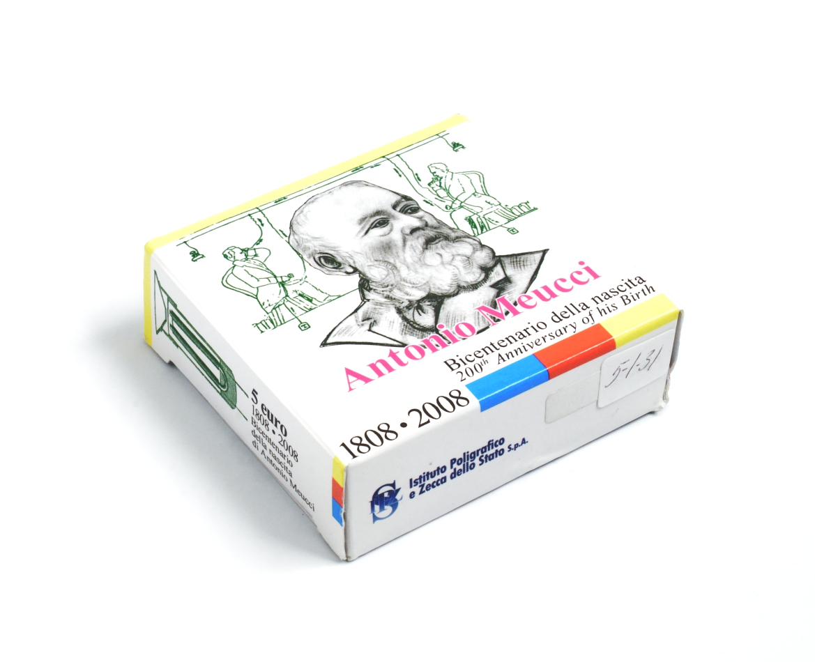 Италия 5 евро 2008 R, 200 лет Антонио Меуччи, в оригинальной коробке с сертификатом серебро PROOF 2-4-2-29