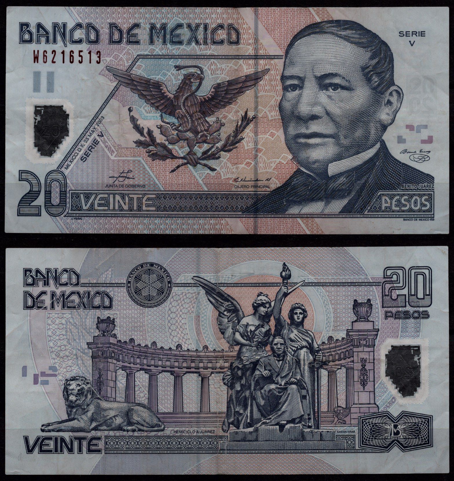 Мексика 20 песо 2003 Бенито Хуарес, хемицикл а Хуареса в Мехико Pick 116 d (1) полимер 8604-1-1-1