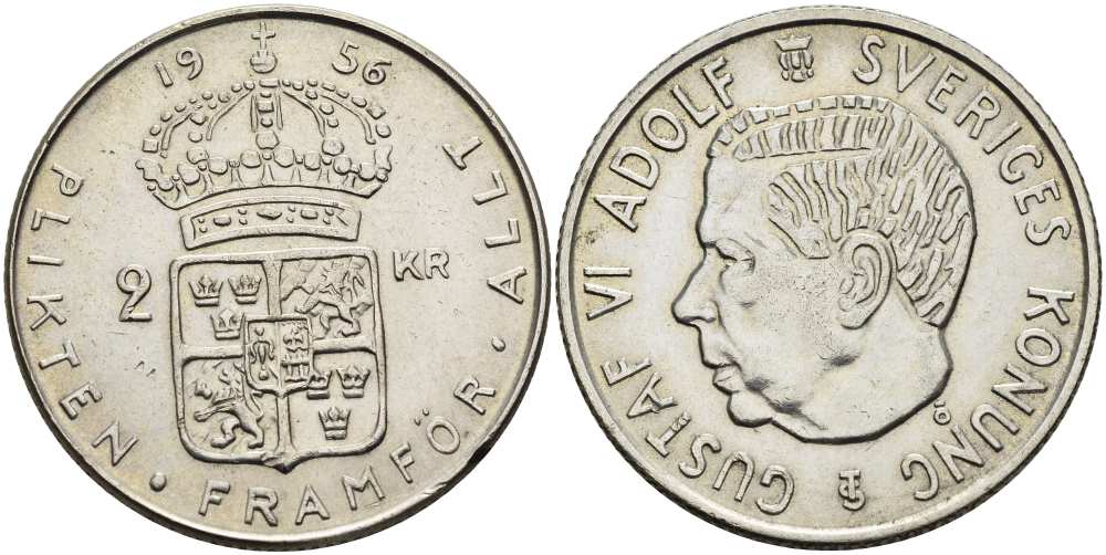 Швеция 2 кроны 1956 TS, Густав VI Адольф (1950-1973) KM 827 серебро 4517-535