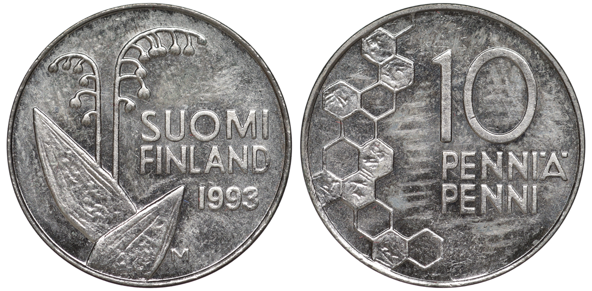 ФИНЛЯНДИЯ 10 ПЕННИ 1993 M, ЛАНДЫШ KM 65 медно-никель 3334-1163