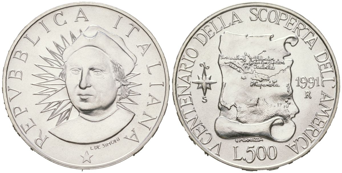 Италия 500 лир 1991 R, 500 лет открытию Америки KM 148 серебро BU 4367-935