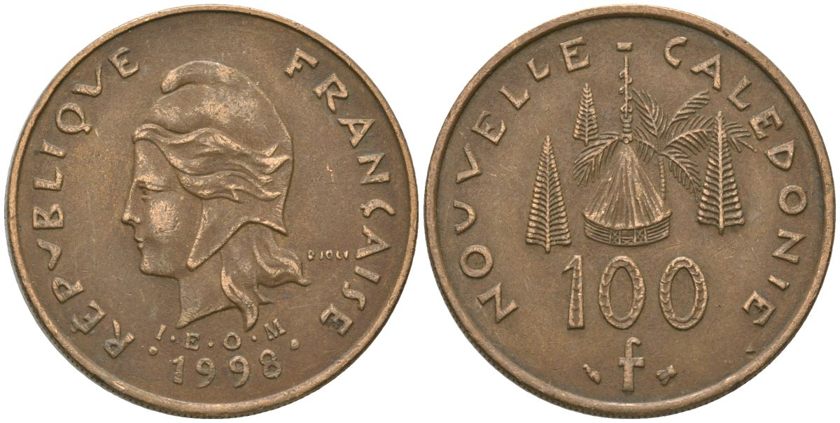 Французская Новая Каледония 100 франков 1998 хижина среди сосен и пальм, (IEOM) KM 15, Schoen 16, Lec 139b никель бронза 88-1231