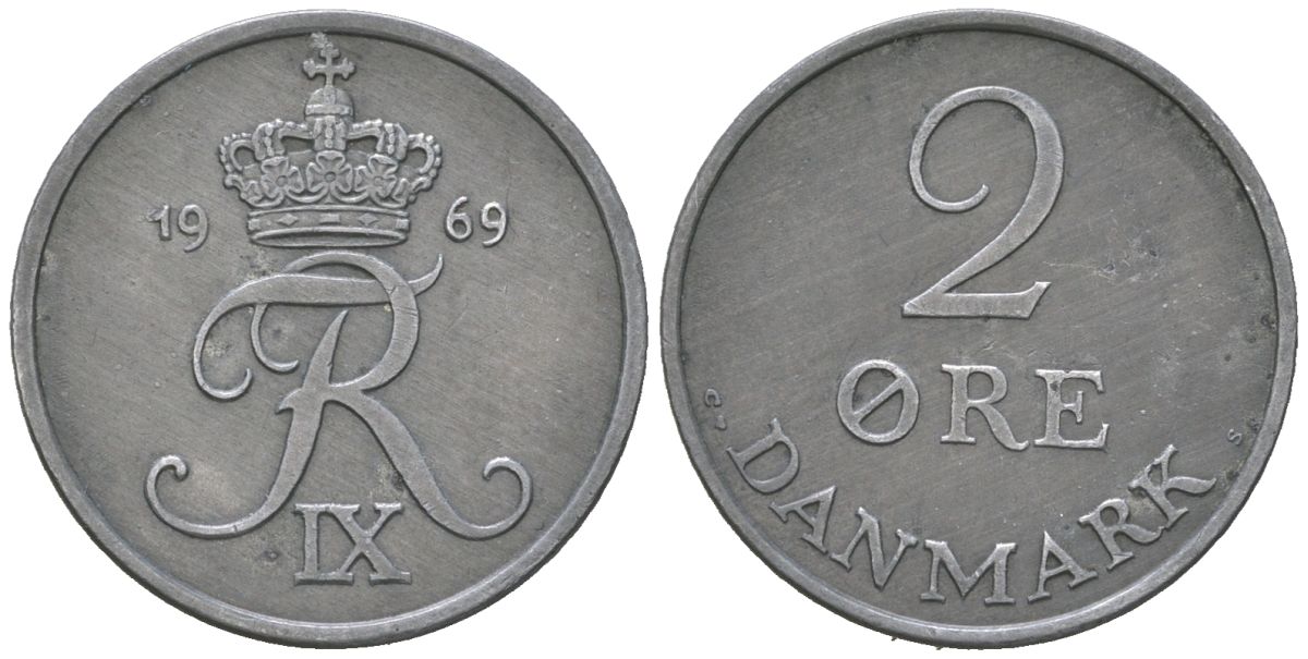 Дания 2 эре 1969 C; S, Фредерик IX (1947-1972) KM 840 цинк aUNC 213-544